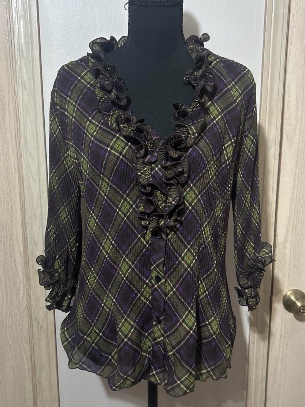 new directions Purple & Olive Plaid Ruffle-Trim Button Front Top